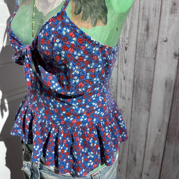 Patrons of Peace BlueKeyhole Cut Out Ruffle Tank Top, Small - Picture 3 of 5